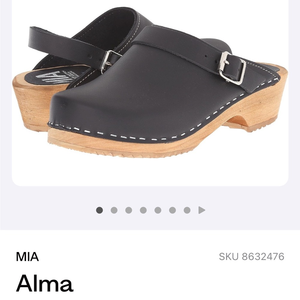 Swedish wooden clogs, black leather.
